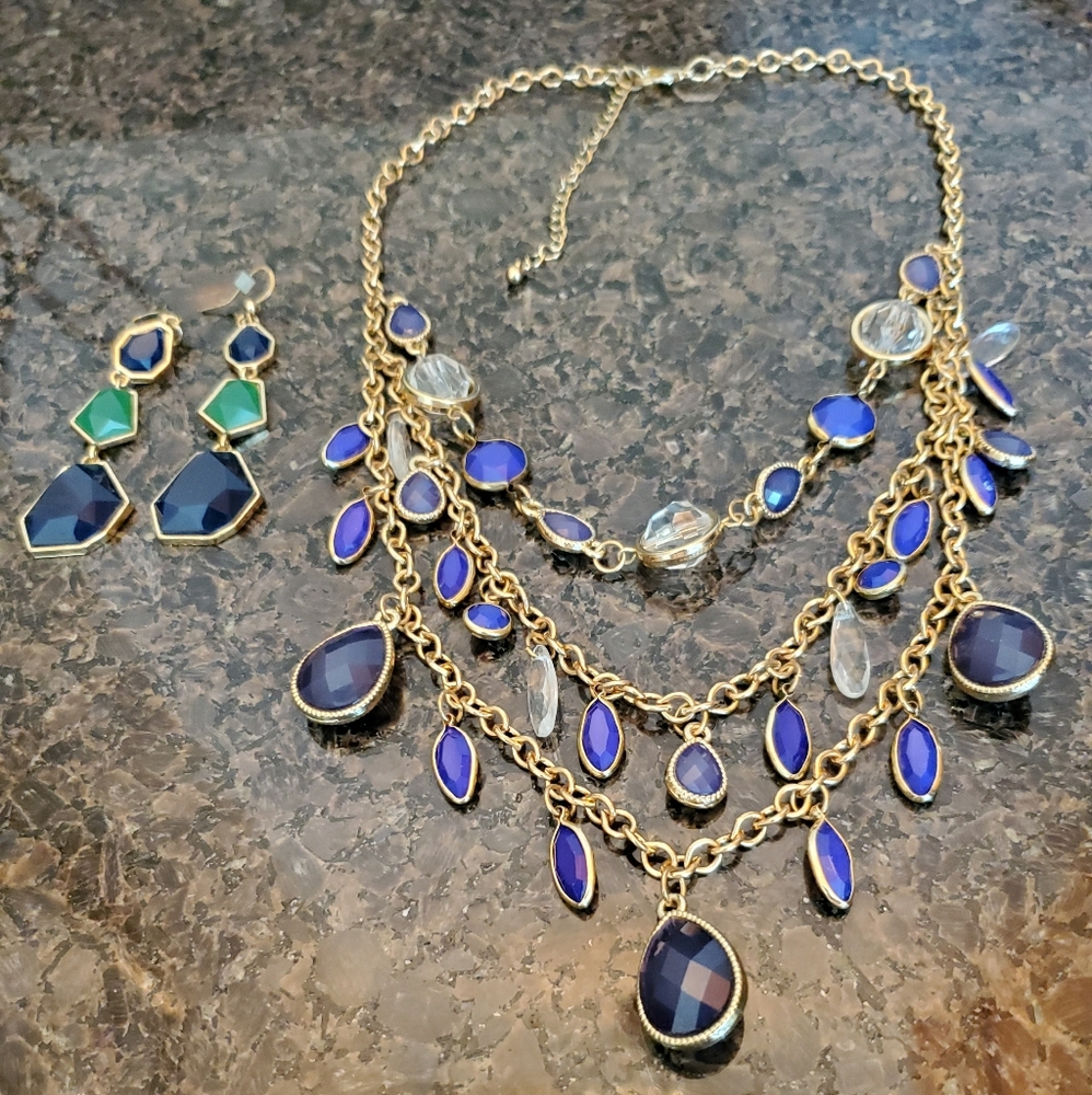 Gold and Blue Necklace with Earrings